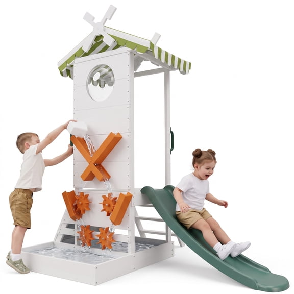 Avenlur Aloe Play Station Outdoor Toddler Playground with Slide, Rock Climber, Water Mill & Captains Deck Interactive Backyard Playset for Kids