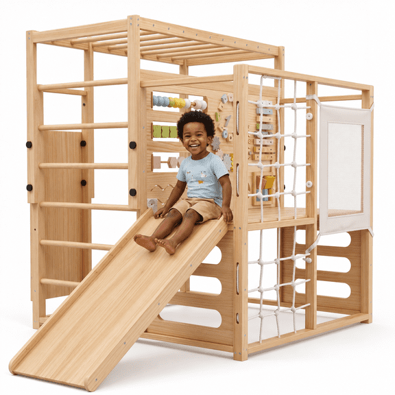 Avenlur Alpine Indoor Playground, Wooden Jungle Gym for Kids with Slide Montessori climbing gym with rock wall and 3 adjustable heights for active indoor play, ages 18 months to 6 years