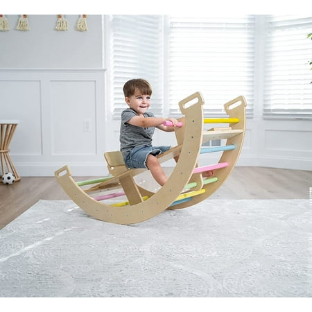 Avenlur BAILIS Seesaw Rocker Climber Arch with Handles and Built in Seat for Toddlers - Montessori Waldorf Style Wooden Colorful Rainbow Arch Climbing Play Structure for Kids (Colored Bars)