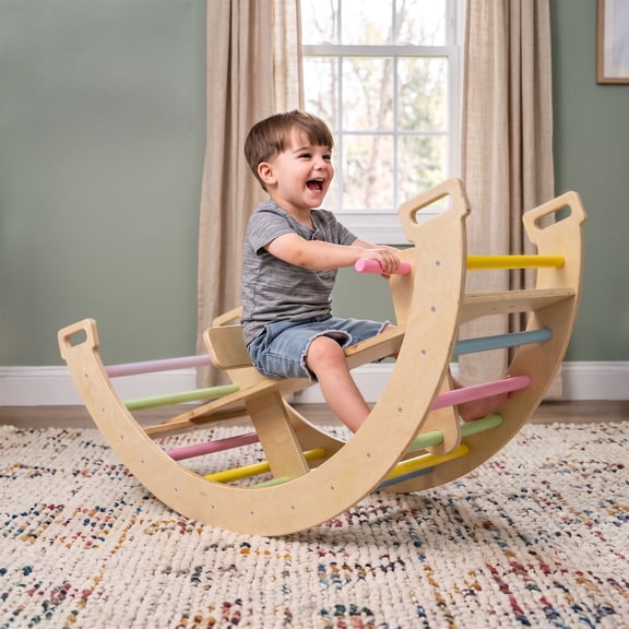 Avenlur BAILIS Seesaw Rocker Climber Arch with Handles and Built in Seat for Toddlers - Montessori Waldorf Style Wooden Colorful Rainbow Arch Climbing Play Structure for Kids (Colored Bars)