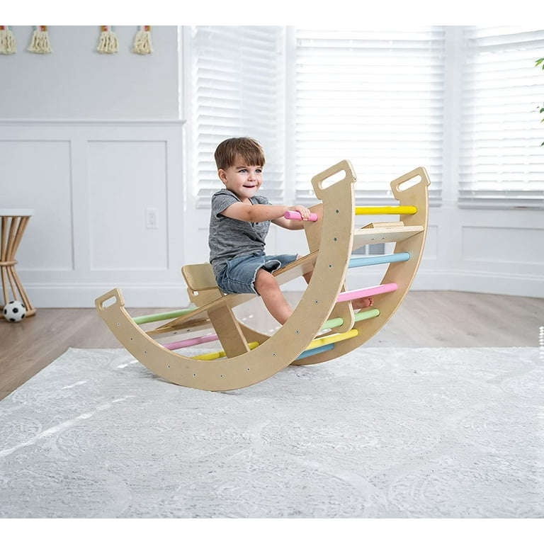 Avenlur BAILIS Seesaw Rocker Climber Arch with Handles and Built in Seat for Toddlers Montessori Waldorf Style Wooden Colorful Rainbow Arch Climbing Play Structure for Kids Colored Bars Walmart