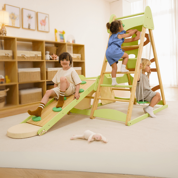 Avenlur Bush 6-in-1 Indoor Wooden Jungle Gym Climber with Slide, Swing, Rock Wall, Rope Ladder & Monkey Bars, Montessori Playset