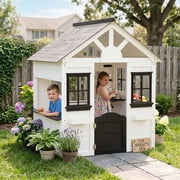 Avenlur Casa Modern Wooden Kids Playhouse &ndash; Indoor & Outdoor White Playhouse with Door, Windows & Serving Counter, Montessori Pretend Play Cottage for Toddlers & Kids Ages 3+