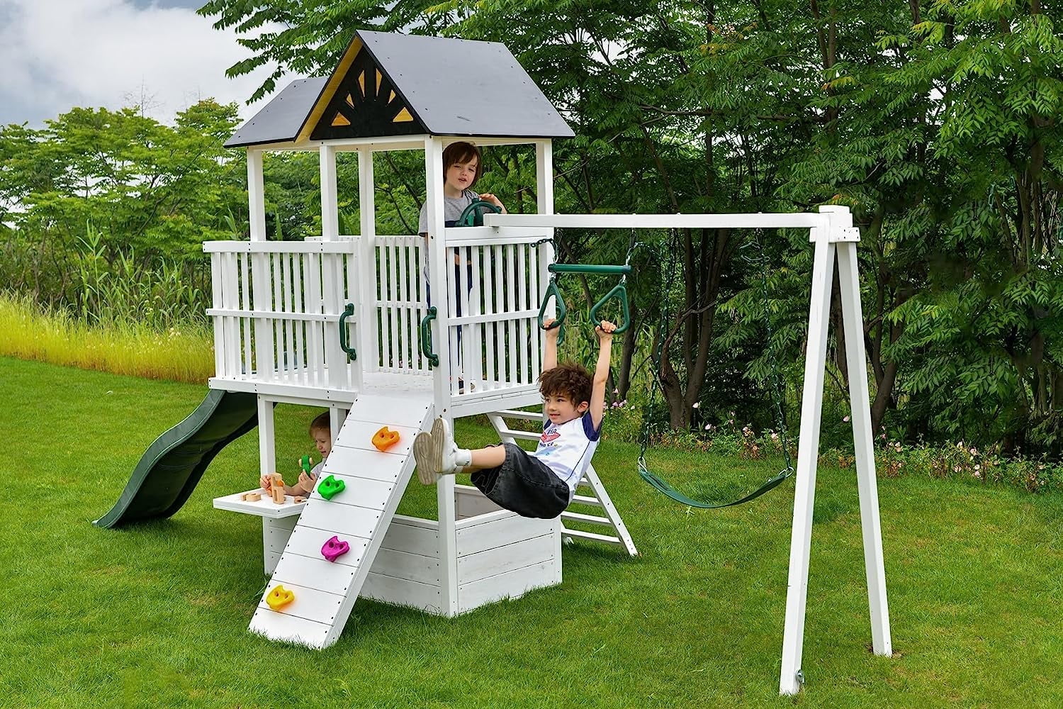 Avenlur Craftsman White Pine Wood Outdoor Swing Set with Slide