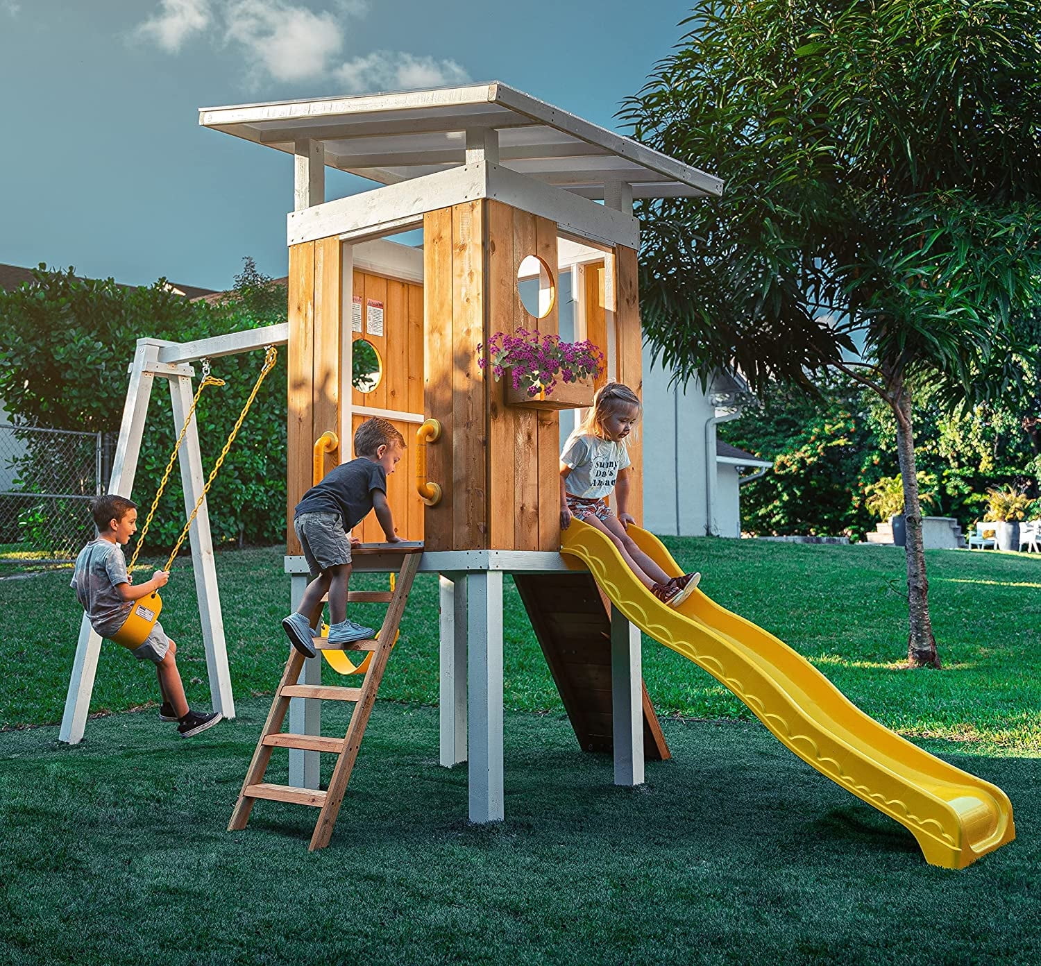 Avenlur Modern Pine Wood Outdoor Swing Set with Slide and Swings