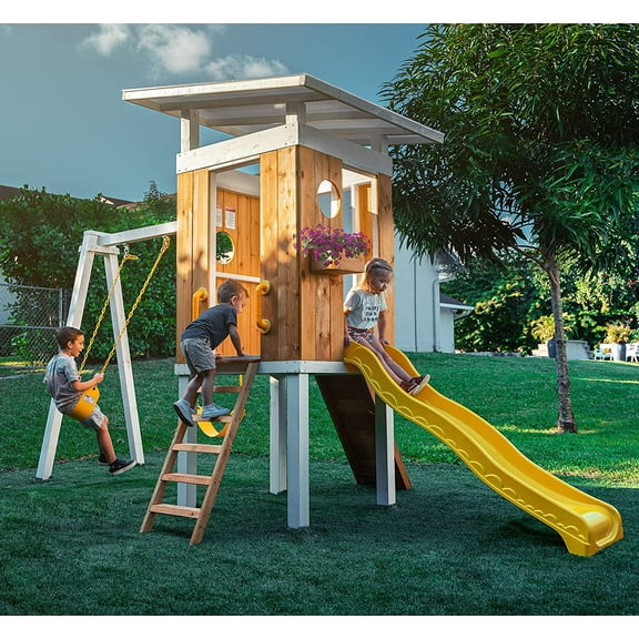 Avenlur Forest Modern House Outdoor Wooden Swing Set Children's Wood Playset 2 Belt Swings, Clubhouse Fort, Windows, Ladder, Wavy Slide Toddlers, Kids Climbers Play Adventure Rock Climbing