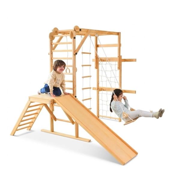 Avenlur Grove 8-in-1 Foldable Indoor Jungle Gym, Wooden climbing gym for ages 2-11 with slide, swing, indoor monkey bars, rings, climbing rope, ladders and rope wall net, Natural