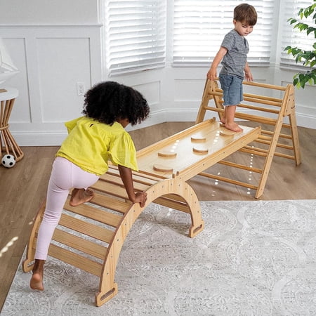 Avenlur Hazel 5-in-1 Indoor Gym Playset for Children - Montessori Waldorf Style Triangle Ladder, Climbing Ramp, Arch Climber, Rocker, and Slide - Playground for Toddlers & Kids (18m-6yrs) Natural