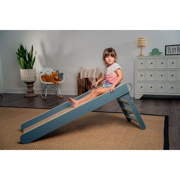 Avenlur Indoor Folding Slip and Slide for Kids - Easy Set Up, Easy to Store Playset, Safe Toy for Toddlers, Foldable Wooden Large First Slide with Extra Long Slipping Slope Ages 1.5 - 4 Years (Blue)