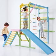 Avenlur Grove Indoor Jungle Gym Playground Wood PlaySet with Monkey Bars and Rope Wall Net, Toddler and Kids Adventure, Ladder, Climber, Slide, Ring Set Play Structure Ages 2 - 11 Large, Colorful
