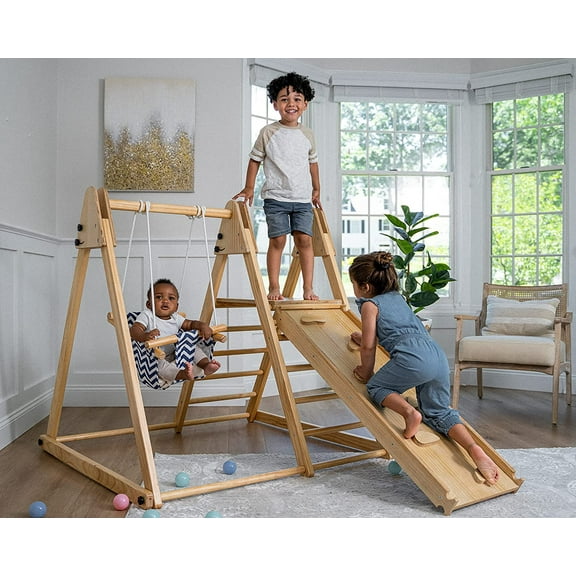 Avenlur Juniper Montessori Toddler Playset Indoor Playground Folding Gym, Interchangeable Baby/Toddler Swing 5 in 1 Multifunctional Foldable, Ladder Climber, Slide, Rock Climbing Kids Ages 1yr - 5yrs