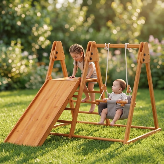 Avenlur Juniper Outdoor and Indoor: 5-in-1 Toddler Playset with Interchangeable Baby Swing - Montessori Waldorf Style Play Ages 18m-6yrs - Swing, Slide, Ladder, Climbing Wall - Safe, Durable, and Fun
