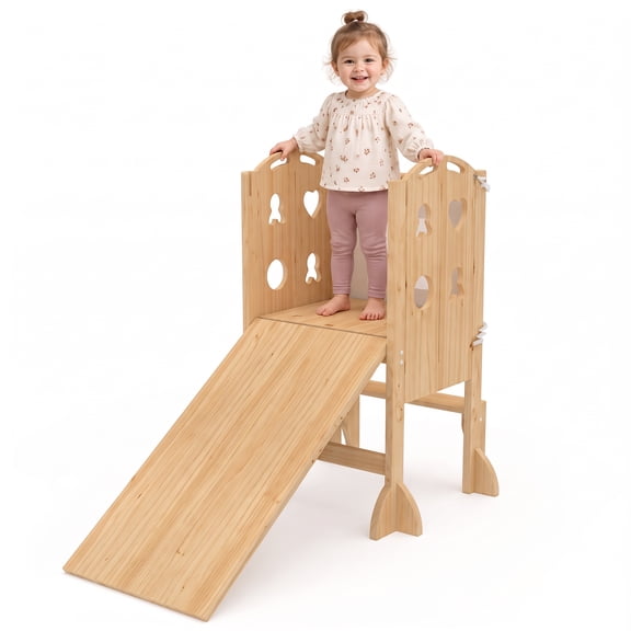 Avenlur Laurel 4-in-1 Foldable Kitchen Tower & Toddler Step Stool with Integrated Chalkboard & Slide for Kitchen, Living Room, Playroom & More