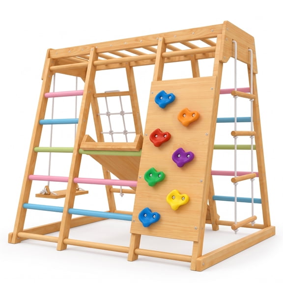 Avenlur Magnolia 7-in-1 Indoor Jungle Gym for Kids Wooden Montessori play gym, indoor playground ages 2-6, FSC pine, slide, swing, monkey bars, rock wall, Medium Colored Bars