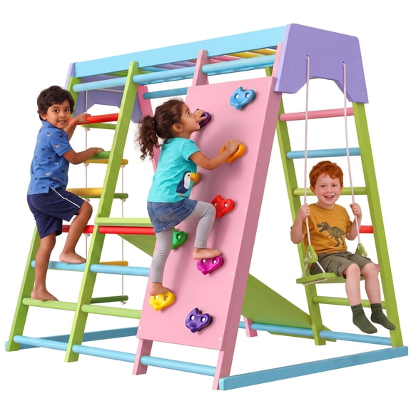 Avenlur Magnolia Indoor Playground 6-in-1 Jungle Gym Montessori Waldorf Style Wooden Climber Playset Slide, Rock Climbing Wall, Rope Wall Climber, Monkey Bars, Swing for Toddlers, Children Kids