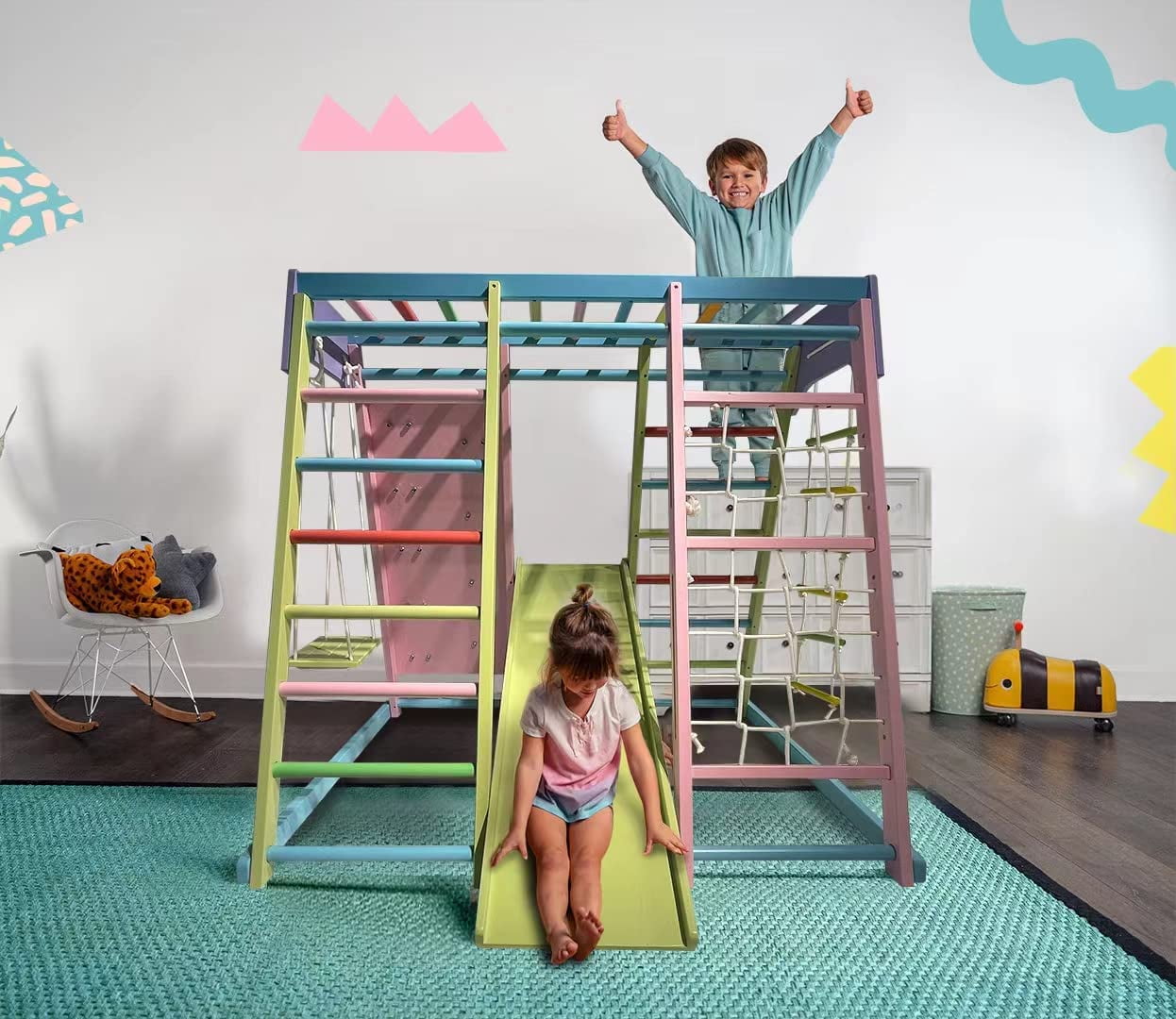 Medium Rainbow Wooden Indoor Playset with Slide and Swing