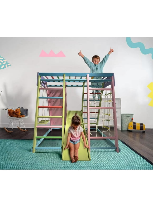Avenlur Magnolia Indoor Playground 6-in-1 Jungle Gym Montessori Waldorf Style Wooden Climber Playset Slide, Rock Climbing Wall, Rope Wall Climber, Monkey Bars, Swing for Toddlers, Children Kids 2-8yrs