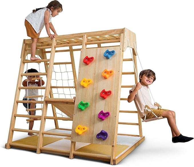 Large Natural Pine Indoor Playset with Slide, Swing, and Climbing Wall