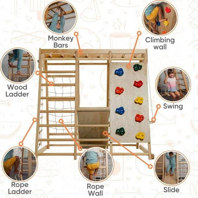 Avenlur Magnolia Indoor Playground 6-in-1 Jungle Gym Montessori Waldorf Style Wooden Climber Playset Slide, Rock Climbing Wall, Rope Wall Climber, Monkey Bars, Swing for Toddlers, Children Kids 2-6yrs