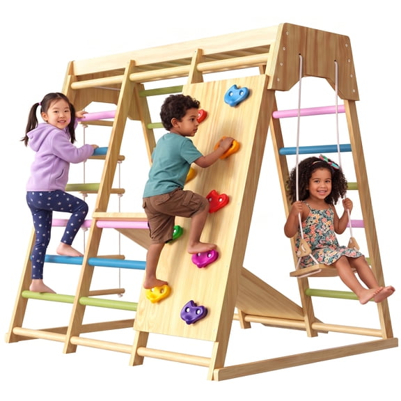 Avenlur Magnolia 7-in-1 Indoor Jungle Gym for Kids, Large, Wooden Montessori play gym, indoor playground ages 2-6, FSC pine, slide, swing, monkey bars, rock wall, 57.3x47.9x56.2 in (Colored Bars)