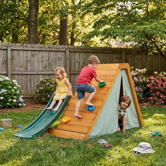 Avenlur Palm Outdoor and Indoor Playground 5 in 1 Backyard Playset with Ladder, Rock Wall, 4 ft. Slide, Tent Fort, Montessori Waldorf Style Play Set Climber Playhouse Toddlers, Children, Kids 2 - 8yr