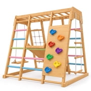 Avenlur Magnolia 7-in-1 Indoor Jungle Gym for Kids Wooden Montessori play gym, indoor playground ages 2-6, FSC pine, slide, swing, monkey bars, rock wall, Medium Colored Bars