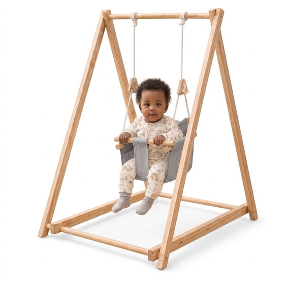 Avenlur Spruce Baby Swing, Foldable Wooden Indoor Swing with Stand Montessori swing 6-36 months; foldable baby swing, wooden baby swing, indoor baby swing with stand (Gray)