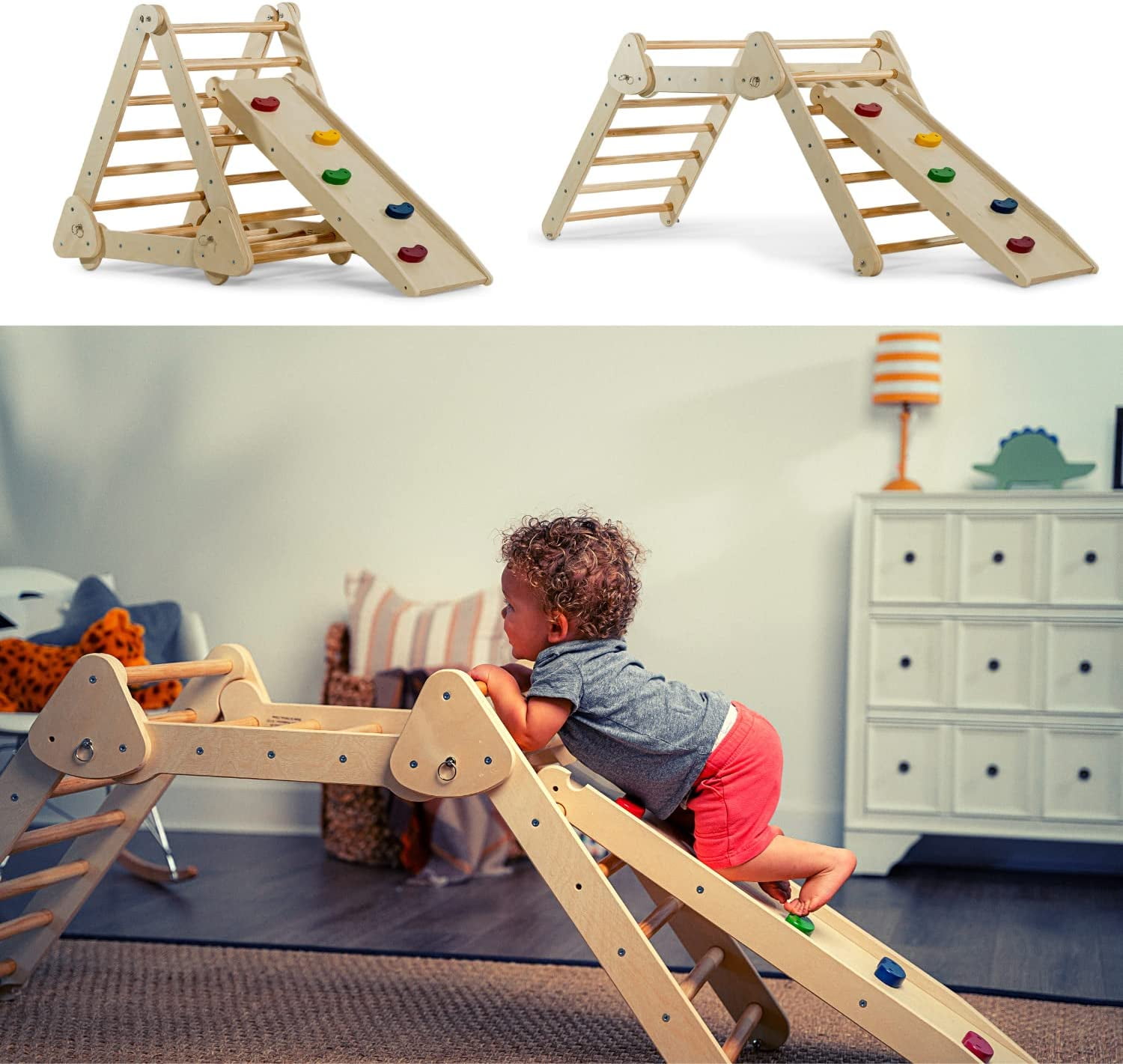Natural Birch and Beech Wood Triangle Climber with Slide