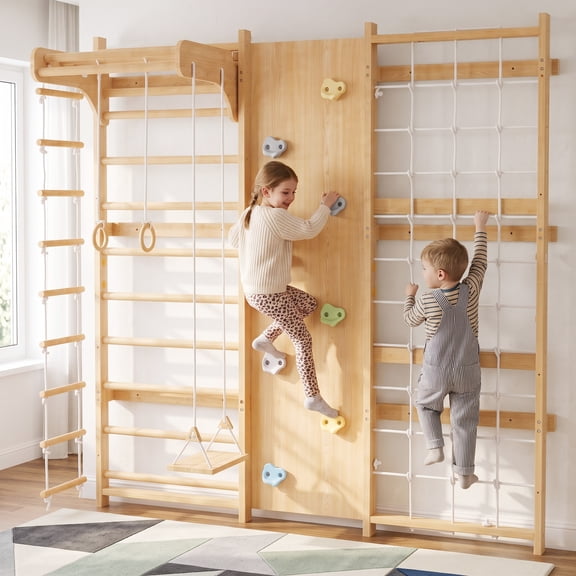 Avenlur Walnut 9-in-1 Swedish Ladder Wall Gym Kids, Indoor Climbing Wall Montessori Indoor Playground & Jungle Gym, Rock Climbing Wall for Kids, Rope Ladder, Slide, Swing (78.8")