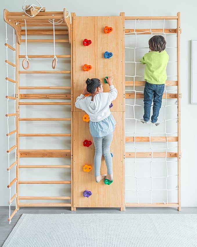 Walnut 95-Inch Indoor Climbing Gym with Slide and Ladder