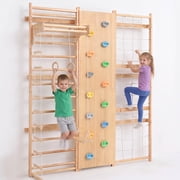 Avenlur Walnut 9-in-1 Swedish Ladder Wall Gym Kids, Indoor Climbing Wall Montessori Indoor Playground & Jungle Gym, Rock Climbing Wall for Kids, Rope Ladder, Slide, Swing 94.5"