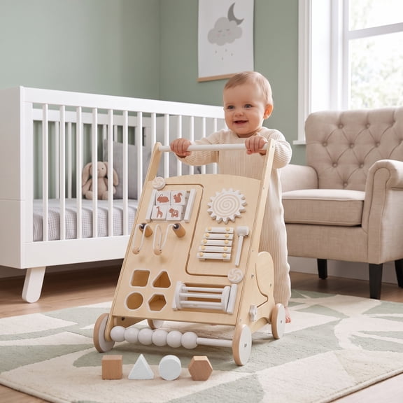 Avenlur Wooden Baby Activity Walker with Sensory Play, Montessori Push Walker & Learning Activity Center, Solid Wood, 9+ Months, White