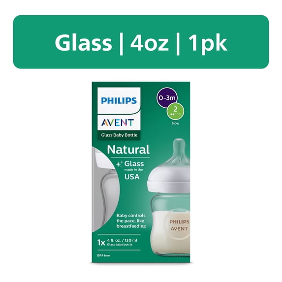Philips Avent Natural Glass Baby Bottle with Natural Response Nipple (Slow Flow, Flow 2), 4oz, SCY910/01