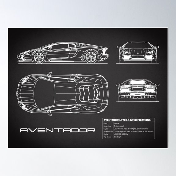 Aventador Blueprint Poster Wall Art, Modern Wall Decor, 24x36 UNFRAMED