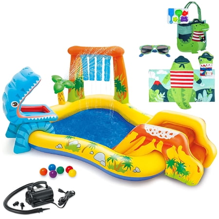 Aventis Kids Dinosaur Inflatable Play Center Fun in the Sun Water Pool Bundle with Matching Adorable Hooded Towel, Stylish Beach Tote, Classic Sunglasses, & Electric Air Pump for Ages 3+
