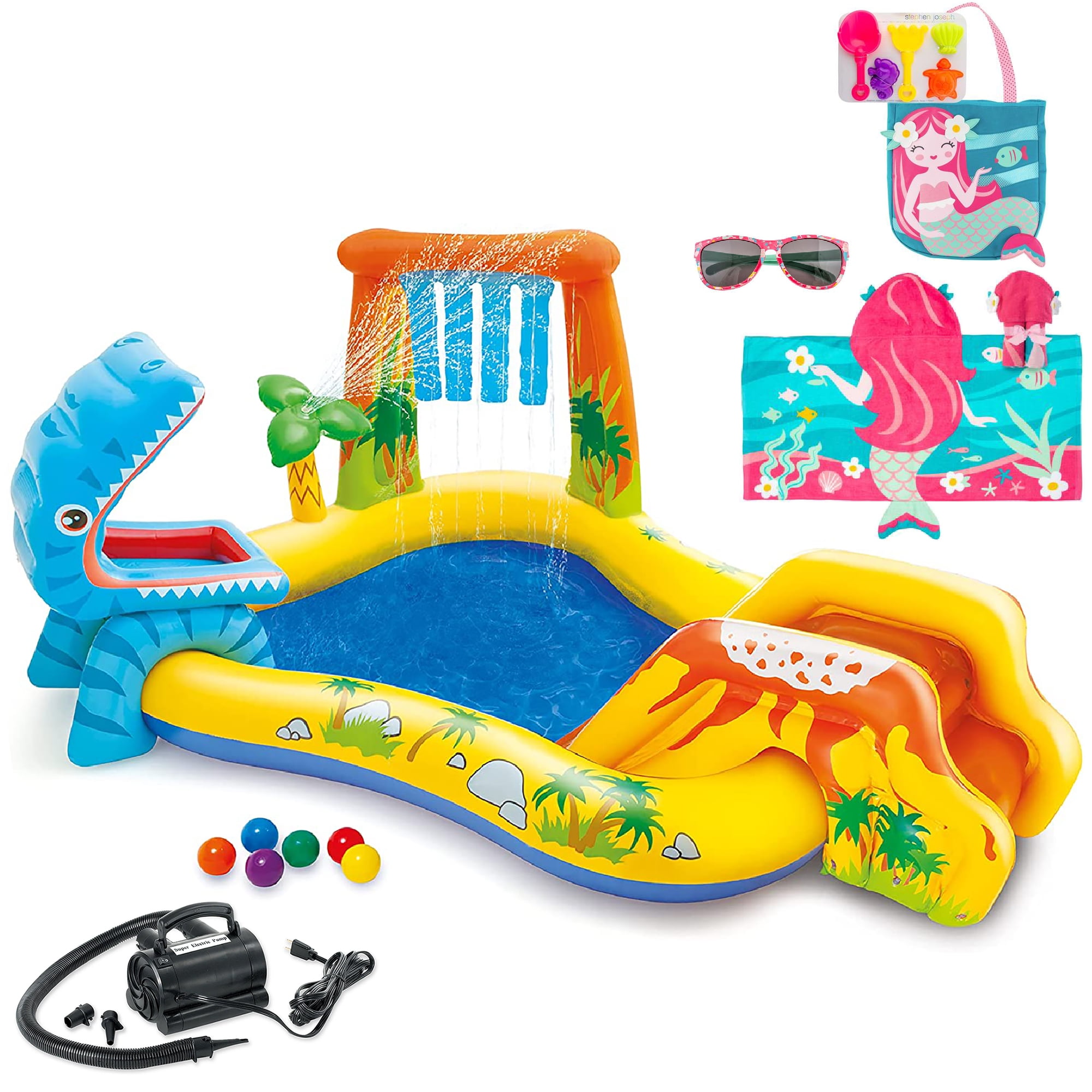 Aventis Kids Dinosaur Inflatable Play Center Fun in the Sun Water Pool Bundle with Matching Adorable Hooded Towel, Stylish Beach Tote, Classic Sunglasses, & Electric Air Pump for Ages 3+