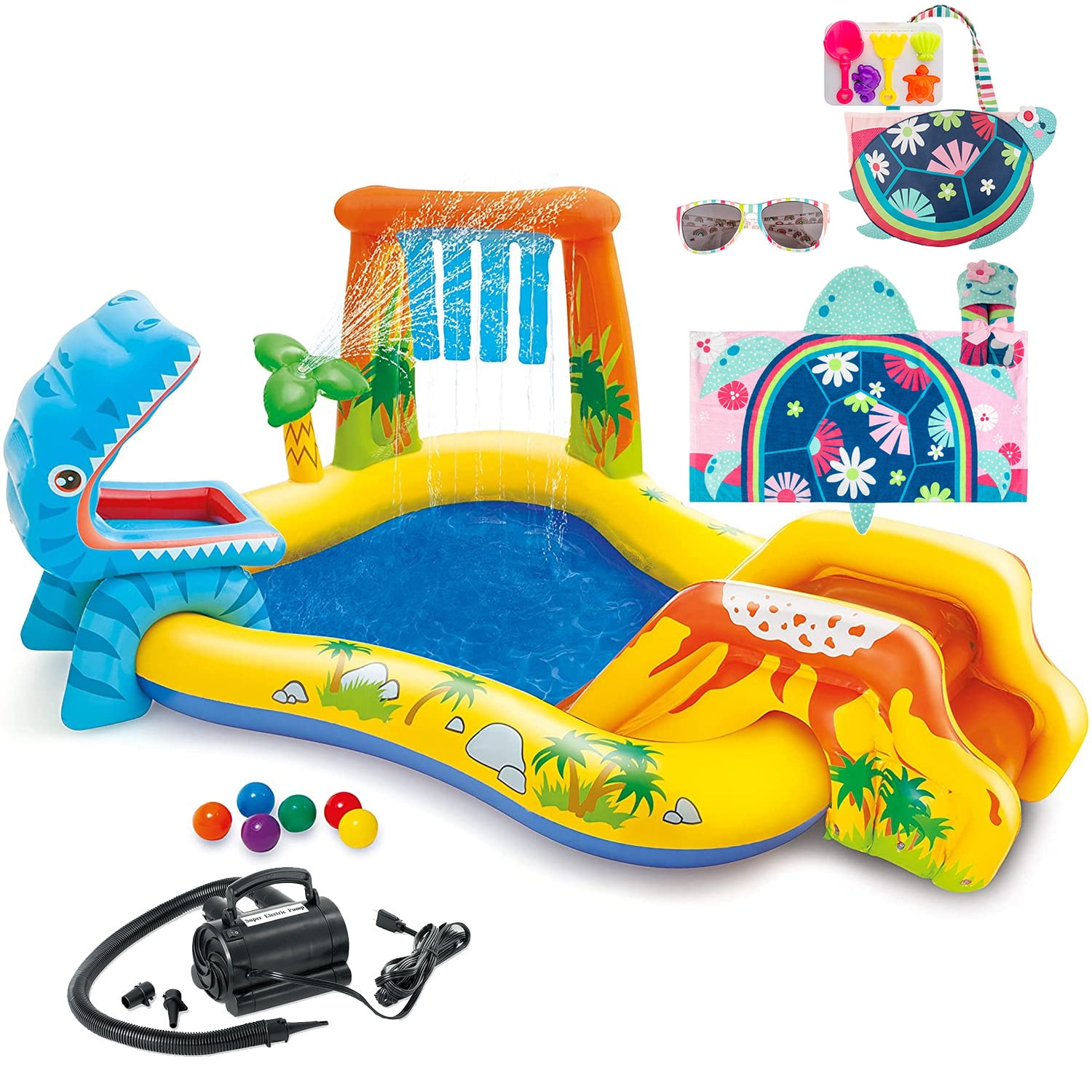Aventis Kids Dinosaur Inflatable Play Center Fun in the Sun Water Pool Bundle with Matching Adorable Turtle Hooded Towel, Stylish Beach Tote, Classic Sunglasses, & Electric Air Pump for Ages 3+