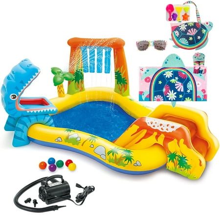 Aventis Kids Dinosaur Inflatable Play Center Fun in the Sun Water Pool Bundle with Matching Adorable Turtle Hooded Towel, Stylish Beach Tote, Classic Sunglasses, & Electric Air Pump for Ages 3+