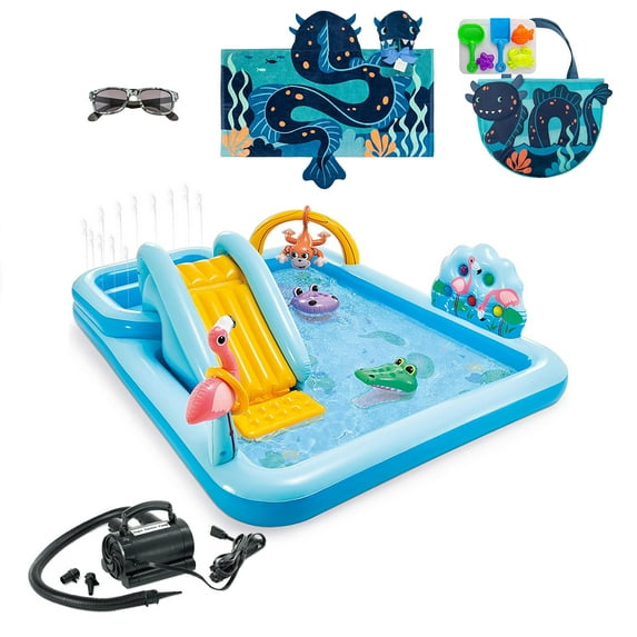 Aventis Kids Jungle Adventure Inflatable Play Center Fun in the Sun Water Pool Bundle with Matching Adorable Sea Monster Hooded Towel, Beach Tote, Classic Sunglasses, & Electric Air Pump for Ages 3+