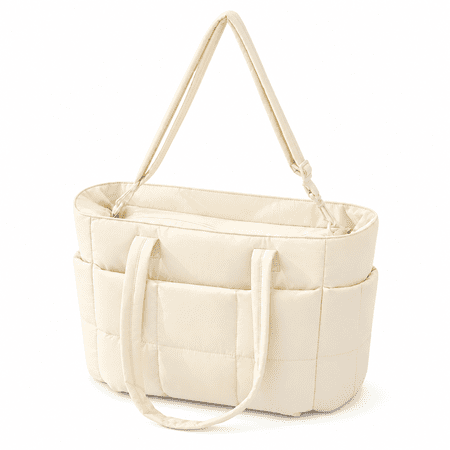 Quilted Puffer Tote Bag for Women 15.6 in Laptop Compartment Work Travel Tote with Trolley Sleeve Beige