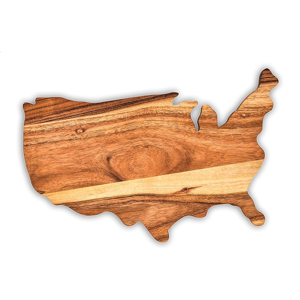 Aventura Design Acacia Wooden USA Shaped Wood Cutting Board and Charcuterie Serving Platter for Cheese Fruit, Gift (US Map Board 13"L x 8"W)