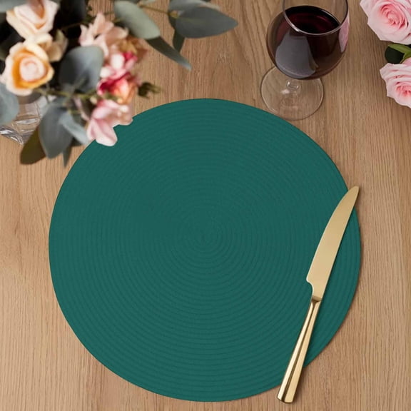 Aventurine Round Braided Placemats Set of 2, Emerald Green Heat Insulation Place Mats Washable Non-Slip Table Mats for Kitchen Dining Party, 13 Inches