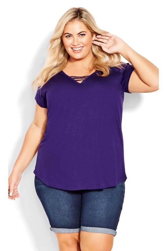 Female Plus Size 3 Bar V-Neck Top Short Sleeve - Violet