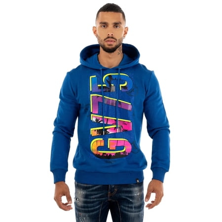 Avenue George V Paris Men's GV75 Rhinestone Pullover Fleece Hoodie Sweatshirt (Large, Blue)