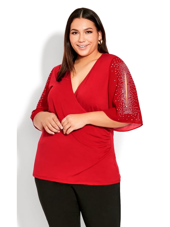 Avenue Plus Size Wrap Bling Sleeve Top Bling Sl Ruby 30W-32W
