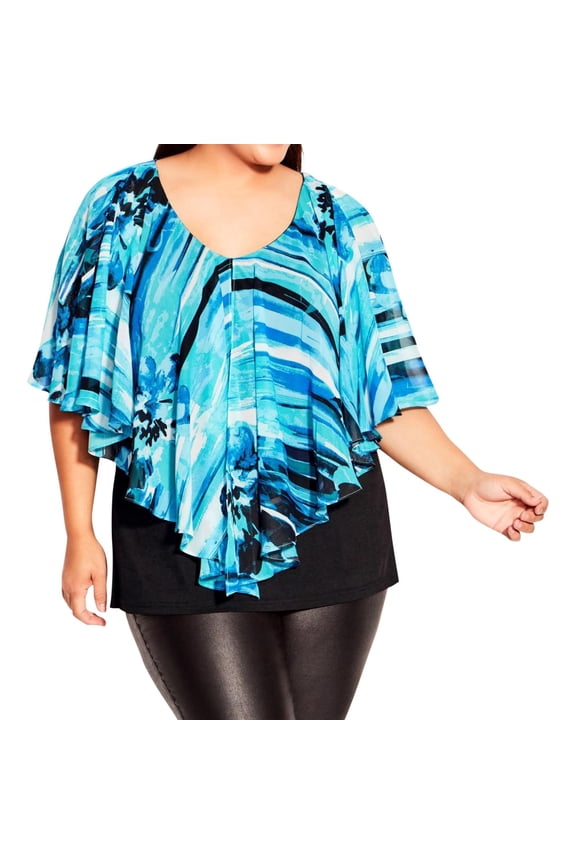 Womens Mira Overlay Print with Necklace Pullover Blouse, Blue, Plus Size, 18W