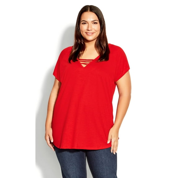 Avenue Women's Plus Size 3 Bar V-Neck Top - Salsa Red