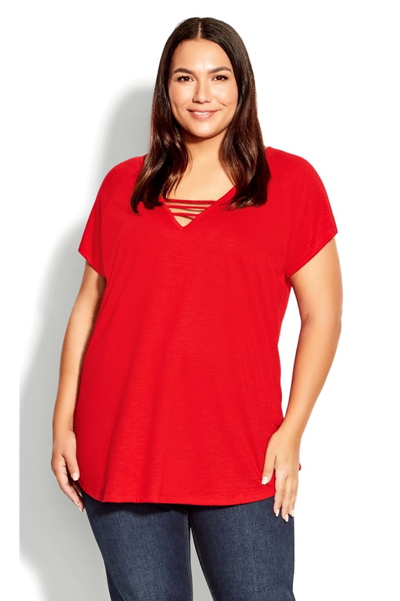 Women's Plus Size 3 Bar V-Neck Top - Salsa Red