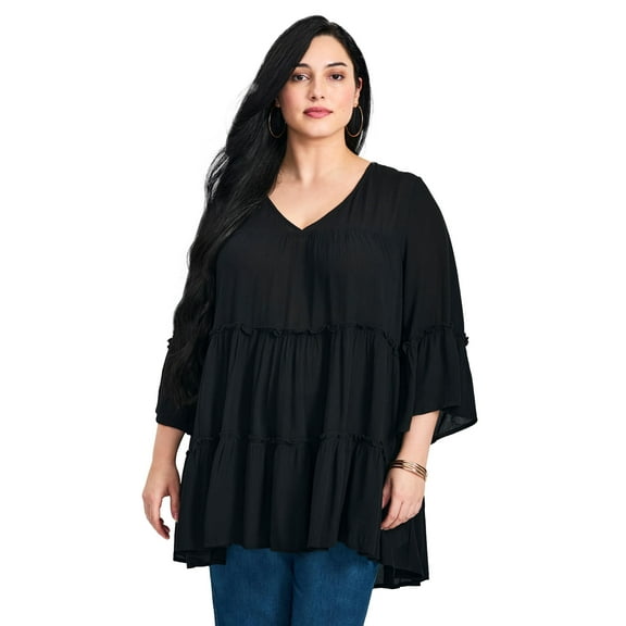 Avenue Women's Plus Size Amy Tiered Bell Sleeve Blouse