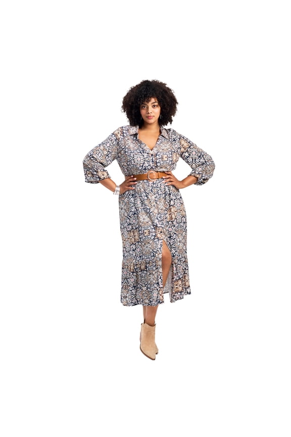 Women's Plus Size Averie Textured Prt Shirtdress With Pu Belt